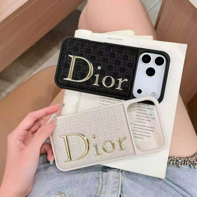 Luxury Cannage Weave Phone Case with Gold Dior Emblem for iPhone 12-18 Pro & Pro Max